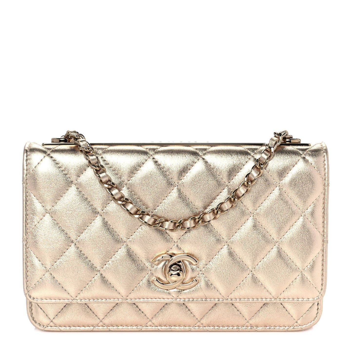 Metallic Lambskin Quilted Trendy CC Wallet On Chain WOC Gold