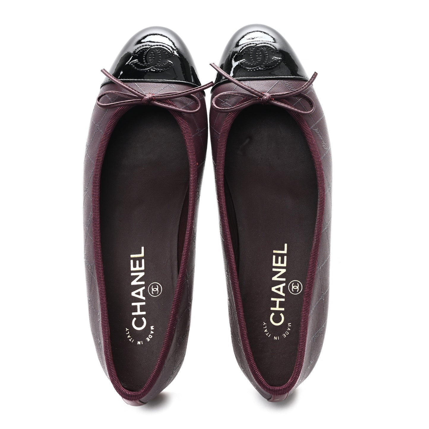 Printed Lambskin Patent CC Cap Toe Ballerina Flats 38 Burgundy Black