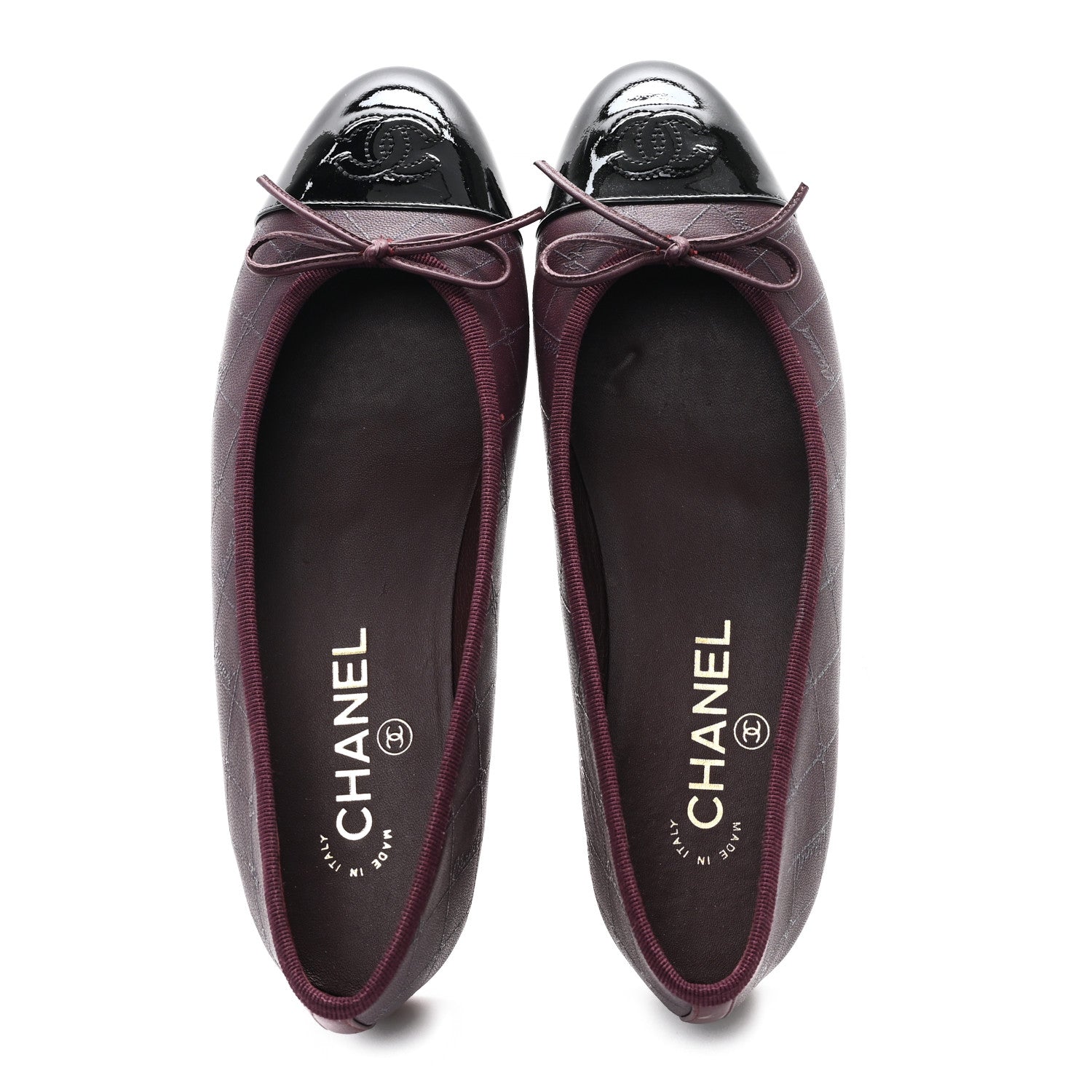Chanel Printed Lambskin Patent CC Cap Toe Ballerina Flats 38 Burgundy Black 2 of 9