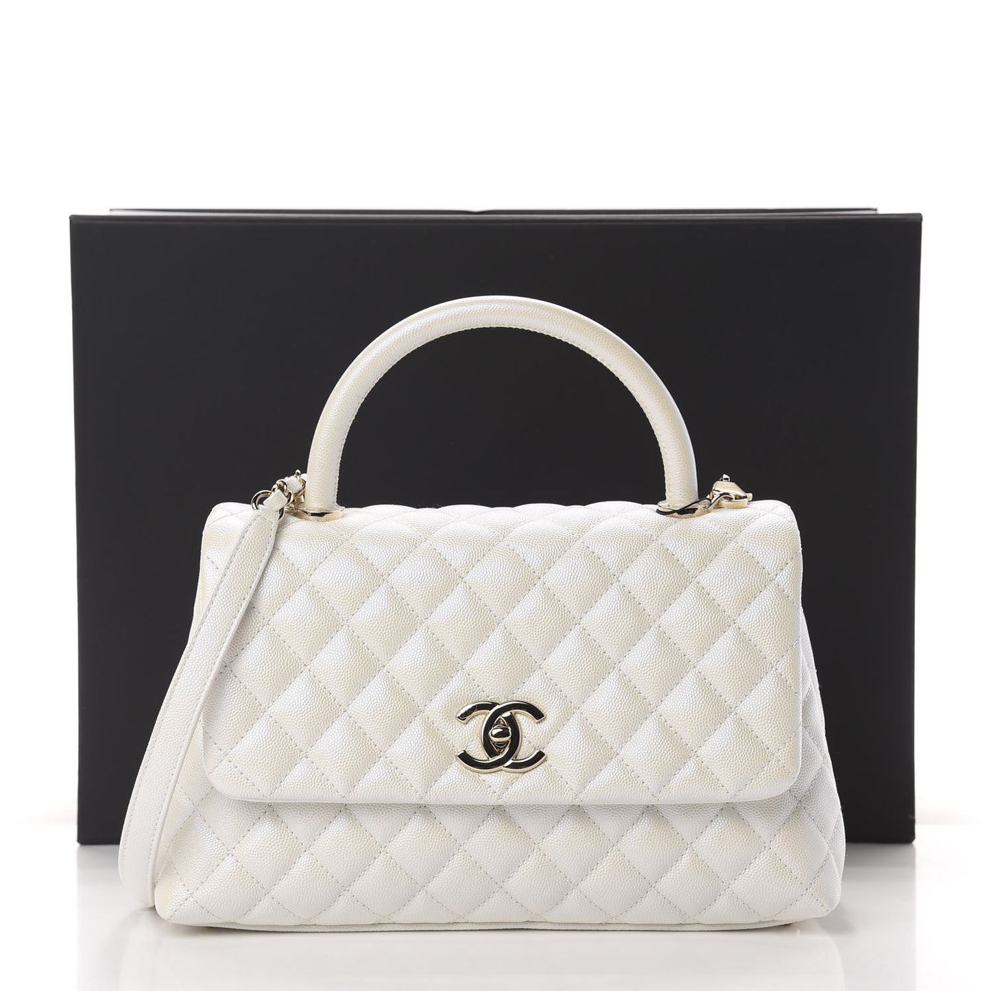 Iridescent Caviar Quilted Small Coco Handle Flap White