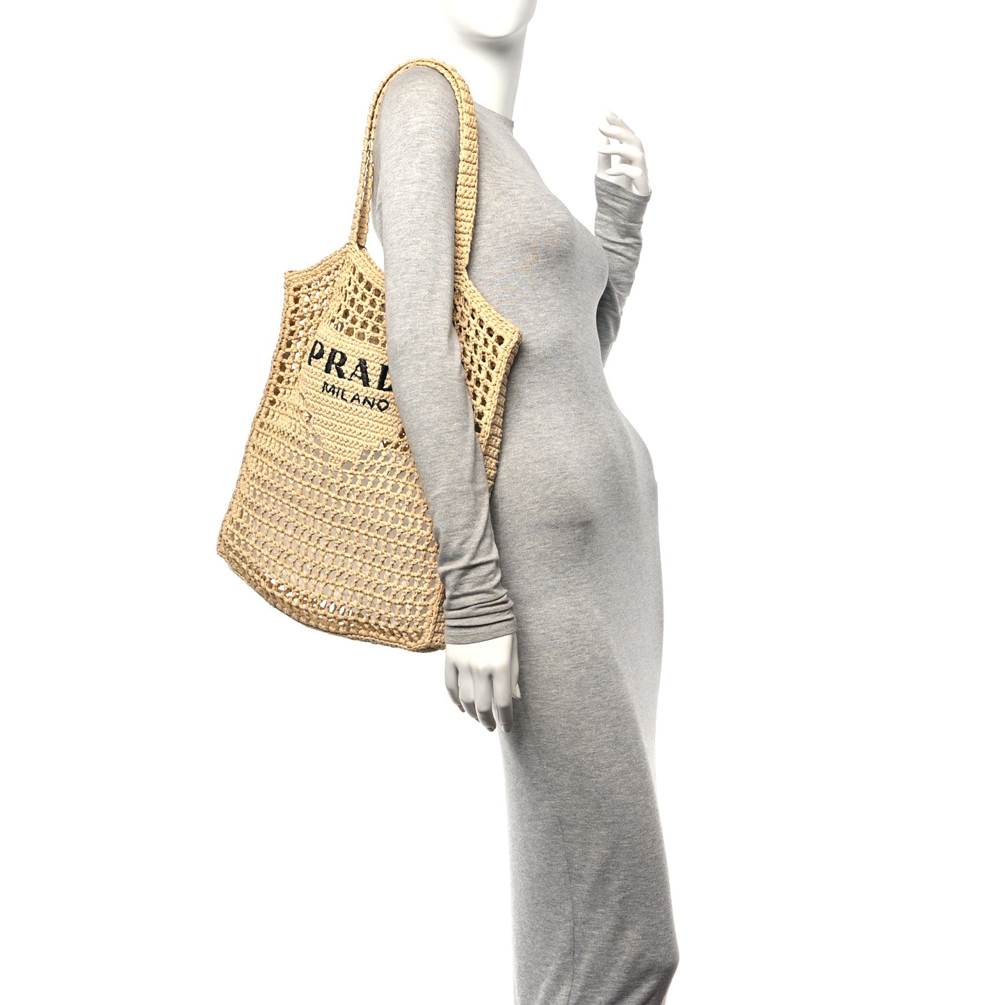 Yarn Raffia Effect Crochet Logo Embroidered Tote Bag Naturale