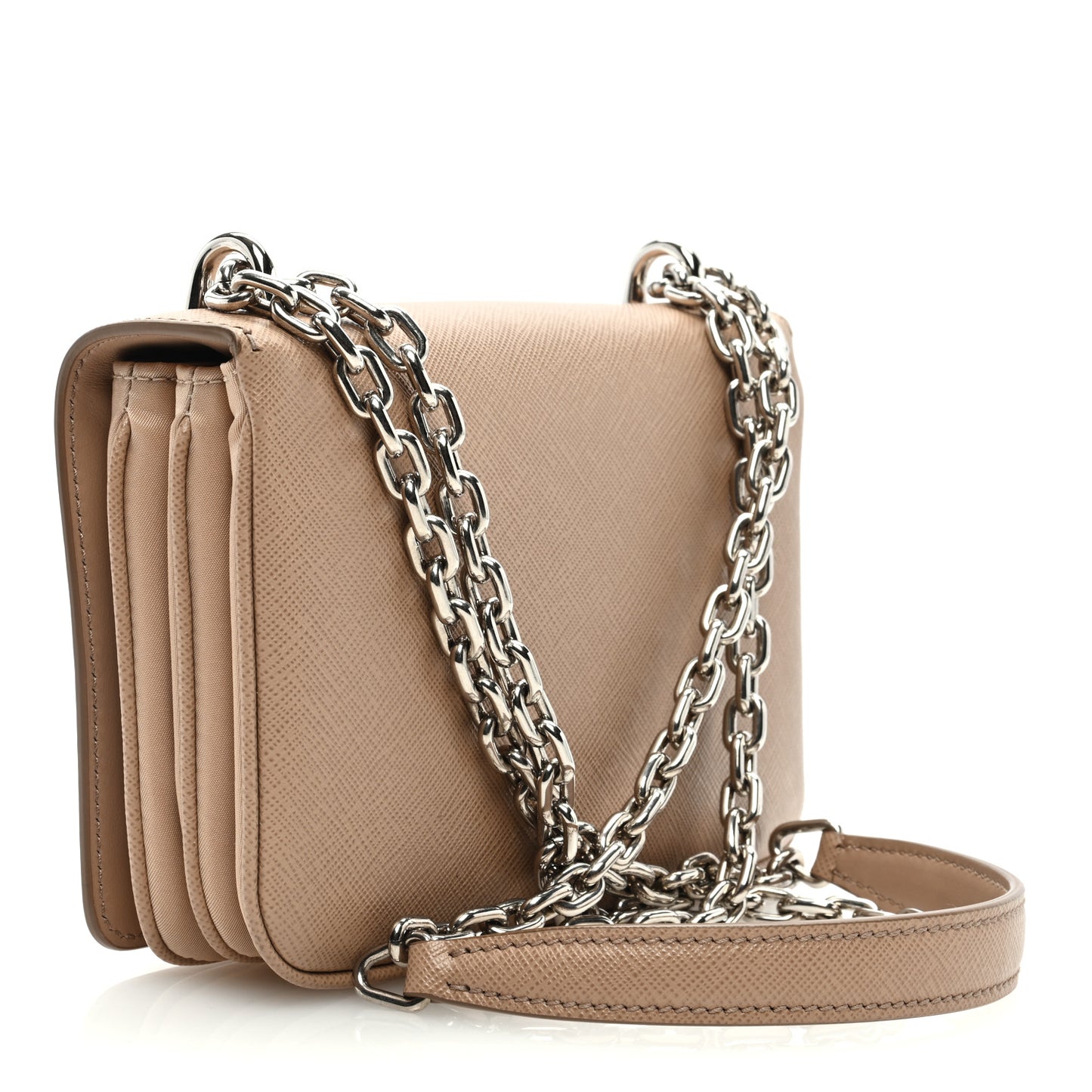 Saffiano Tessuto Nylon Metal Triangle Logo Chain Flap Crossbody Bag Cammeo