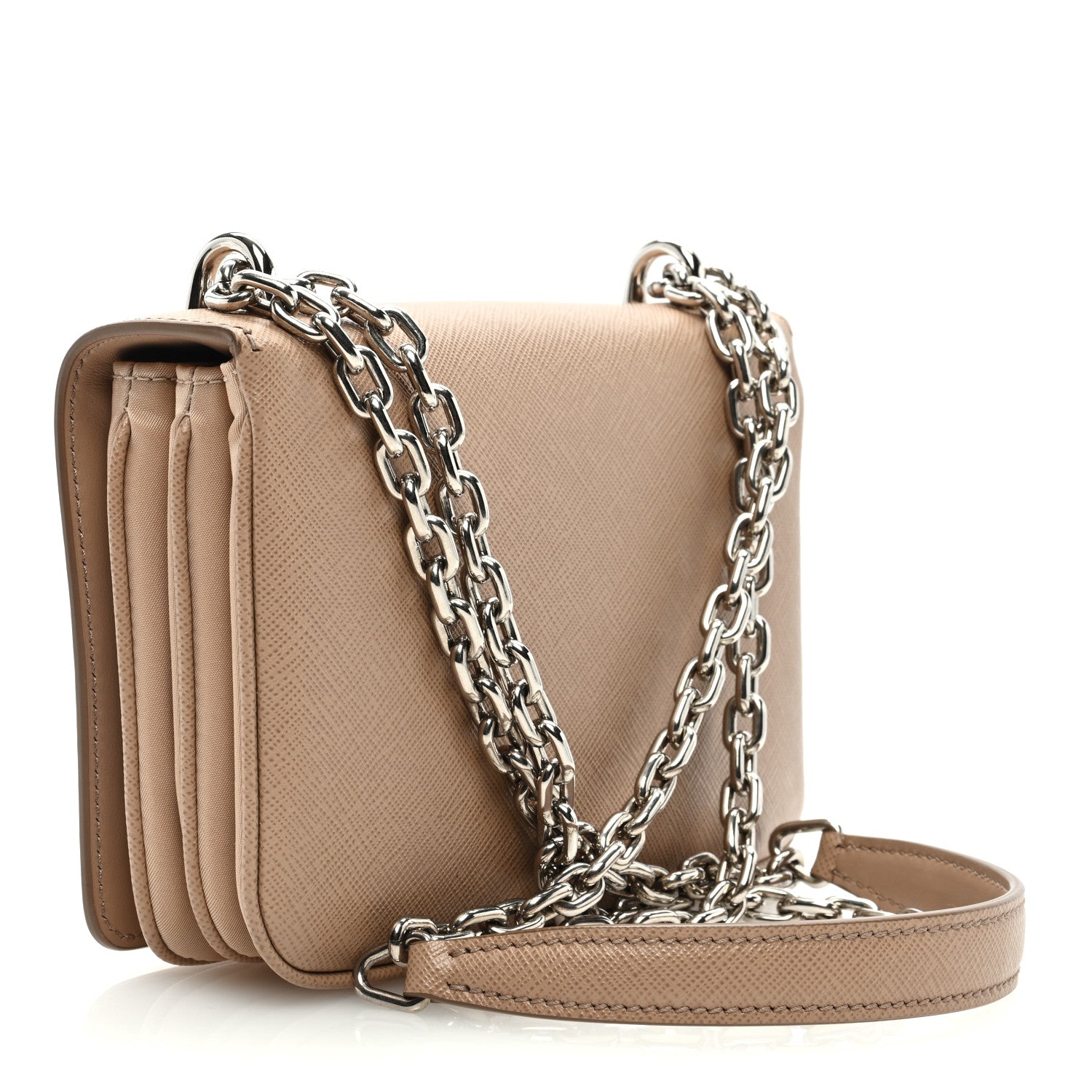 Prada Saffiano Tessuto Nylon Metal Triangle Logo Chain Flap Crossbody Bag Cammeo 3 of 8