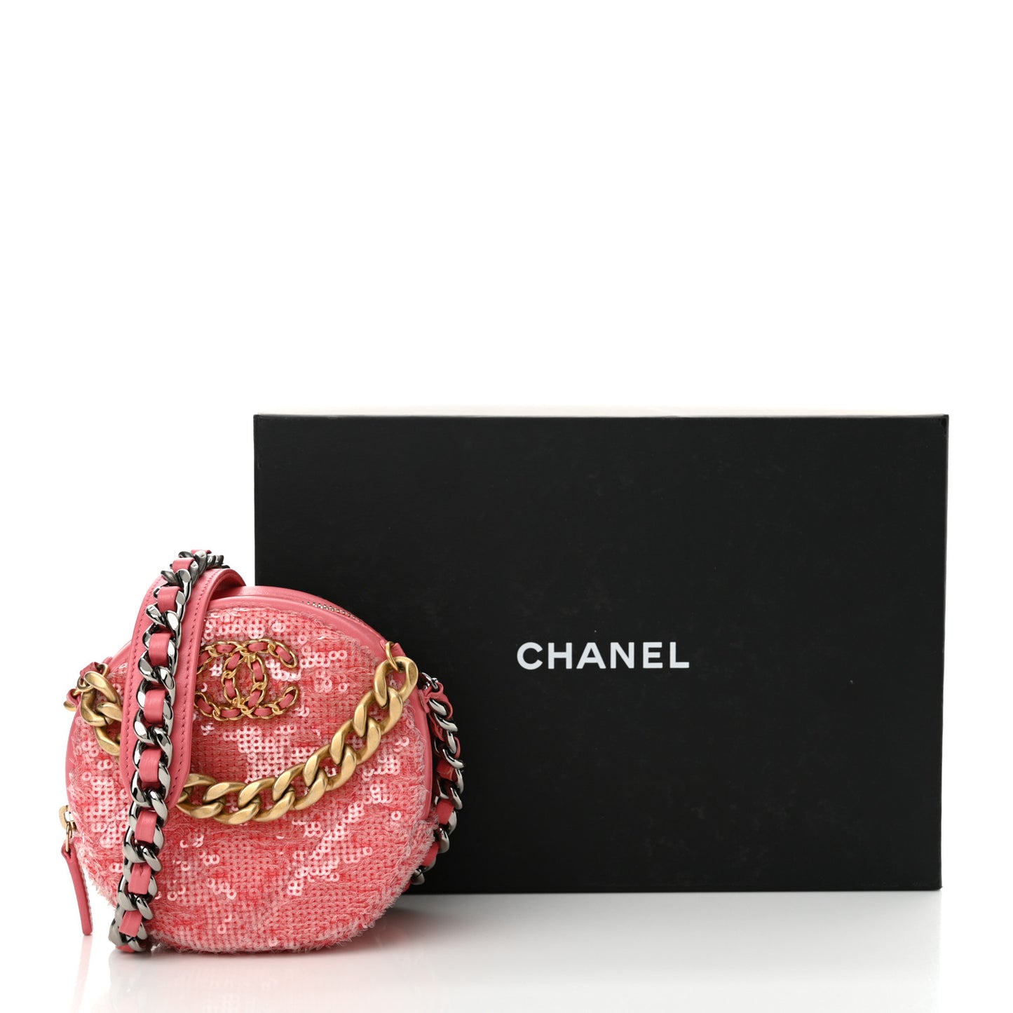 Sequin Chanel 19 Round Clutch With Chain Coral