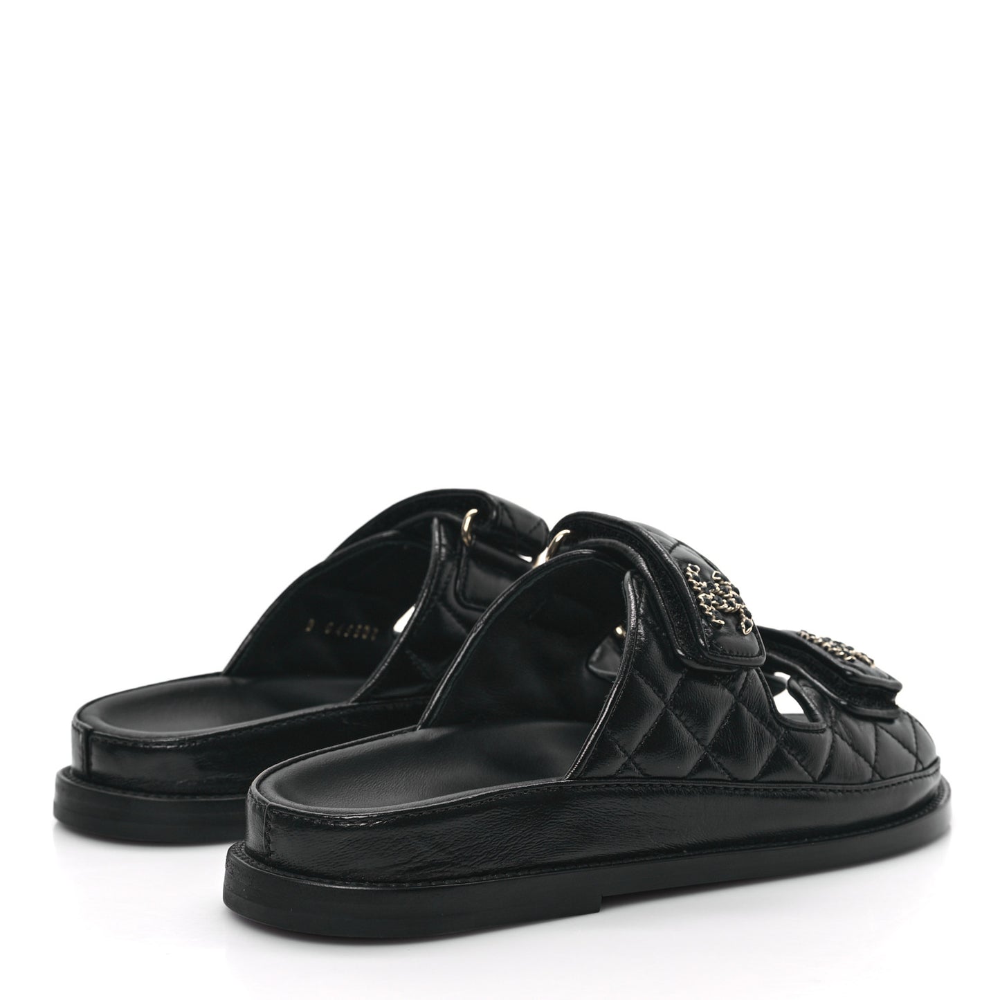 Lambskin Quilted Velcro Dad Chain CC Slide Sandals 35 Black