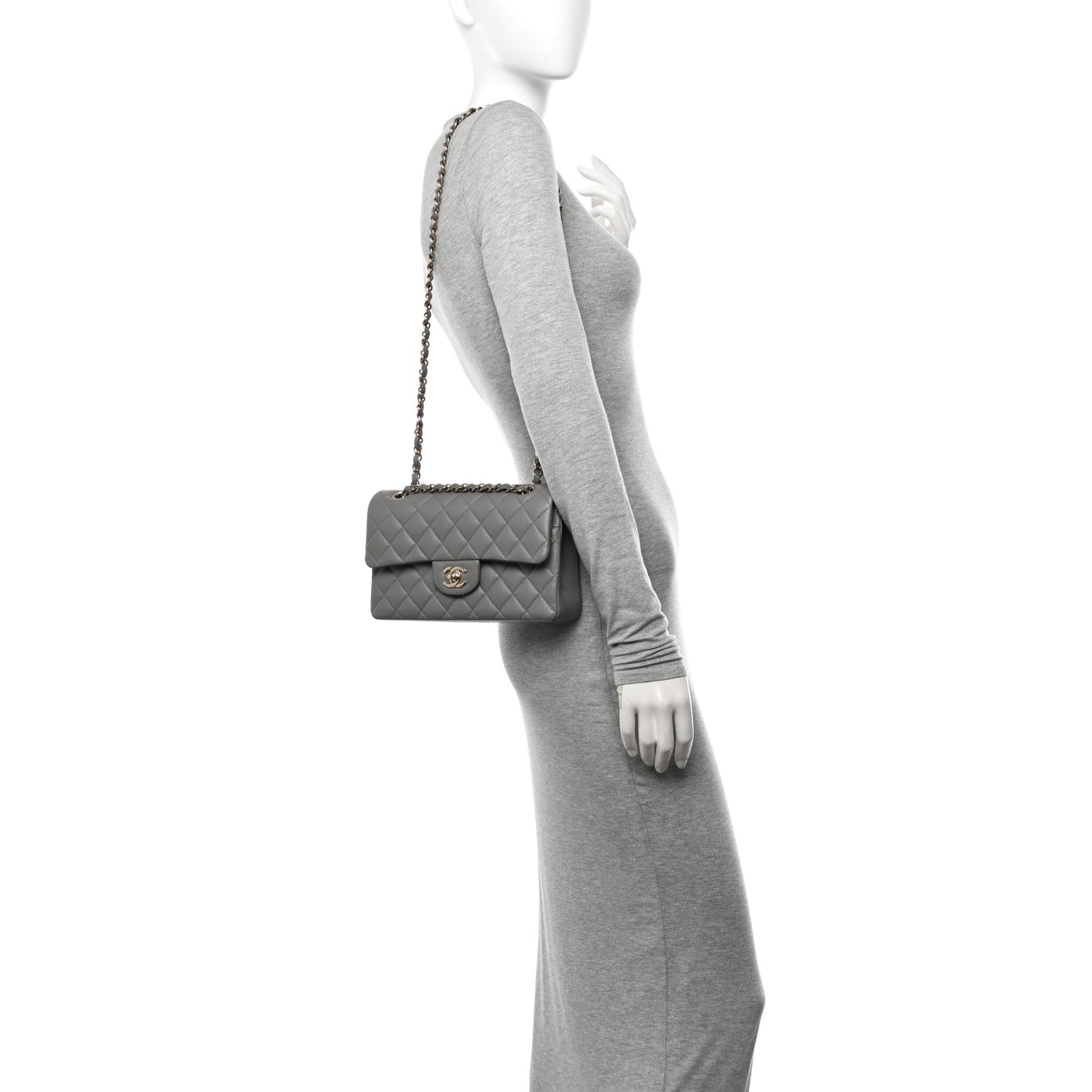 Caviar Quilted Small Double Flap Grey