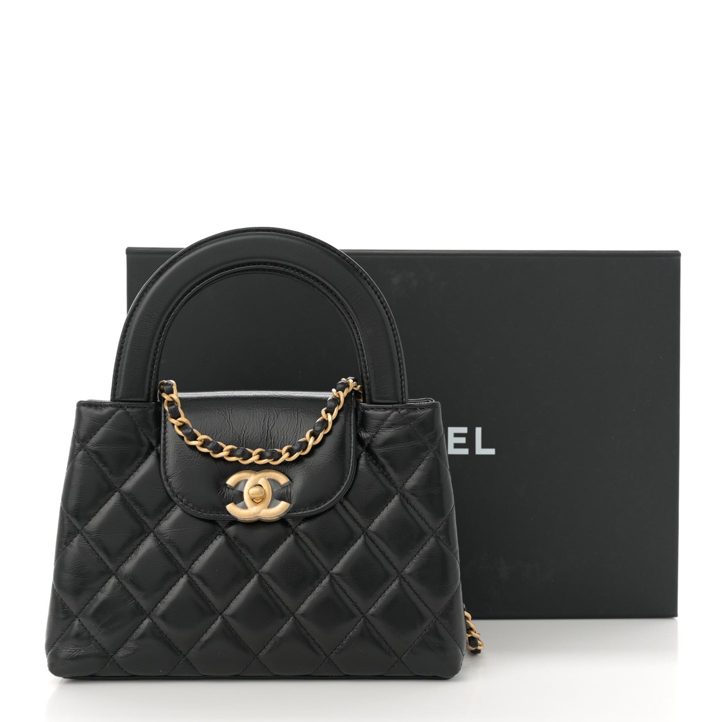 Shiny Aged Calfskin Quilted Nano Kelly Shopper Black