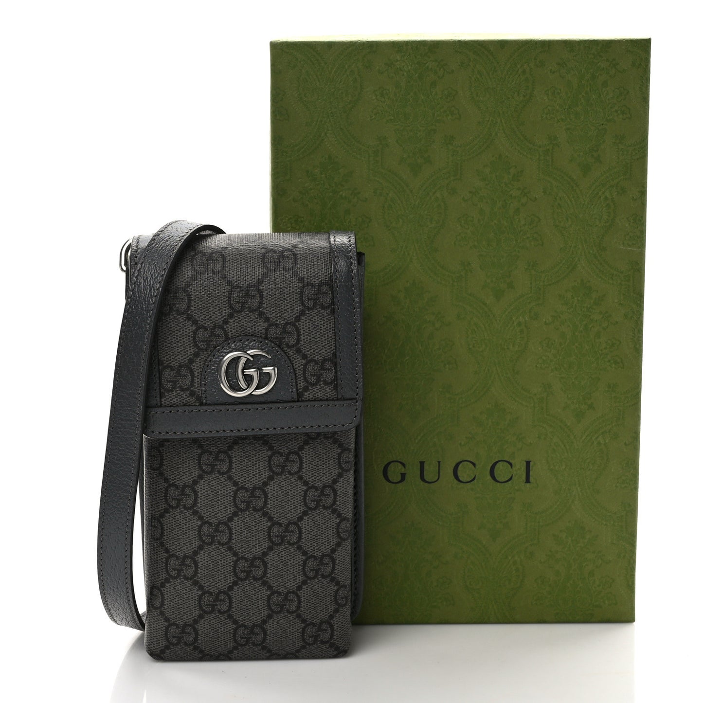 GG Supreme Monogram Textured Dollar Calfskin Phone Crossbody Bag Grey Black Graphite Grey