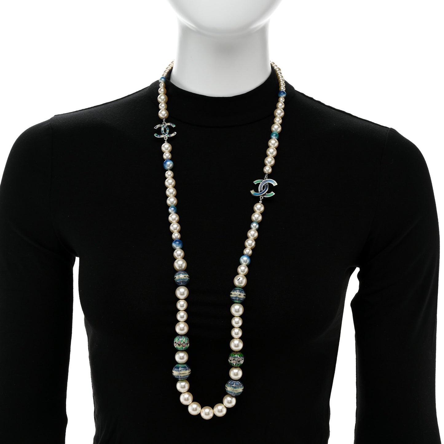 Graduated Pearl Enamel Bead CC Logo Long Necklace White Blue Multicolor