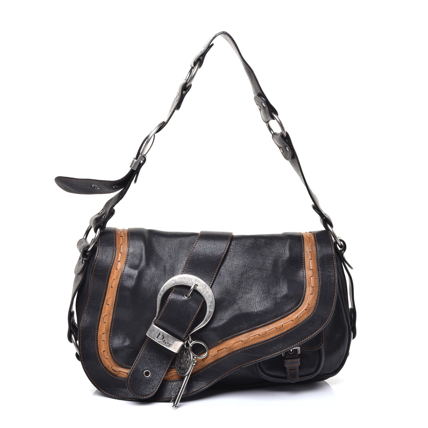 Christian Dior Calfskin Medium Gaucho Double Saddle Bag Black