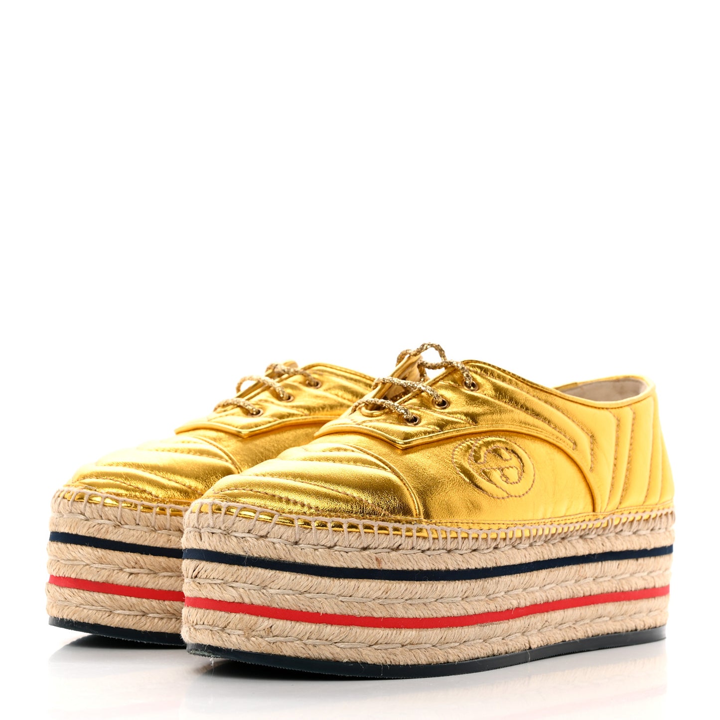 Metallic Nappa Matelasse GG Pilar Flatform Lace-Up Espadrilles 39 Oro Vecchio