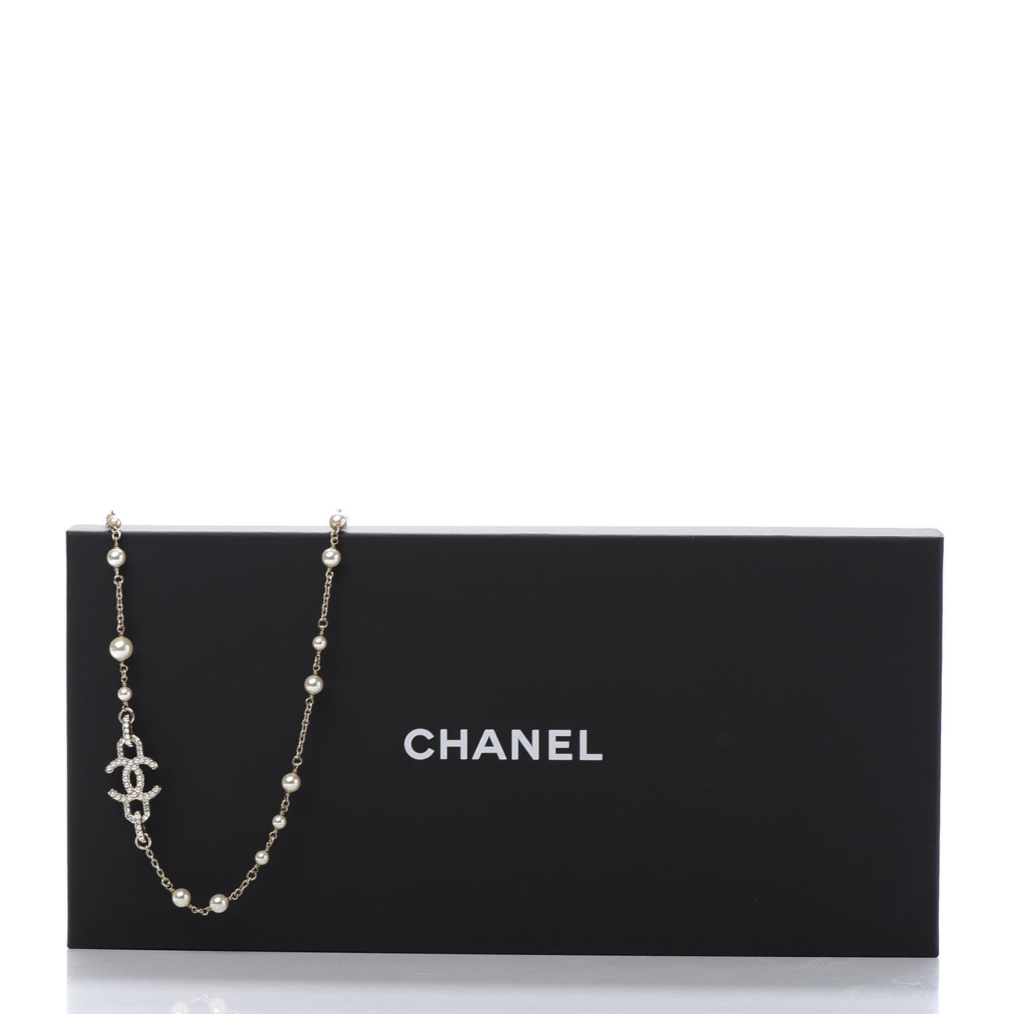 Graduated Pearl Crystal CC Long Necklace Gold Pearly White