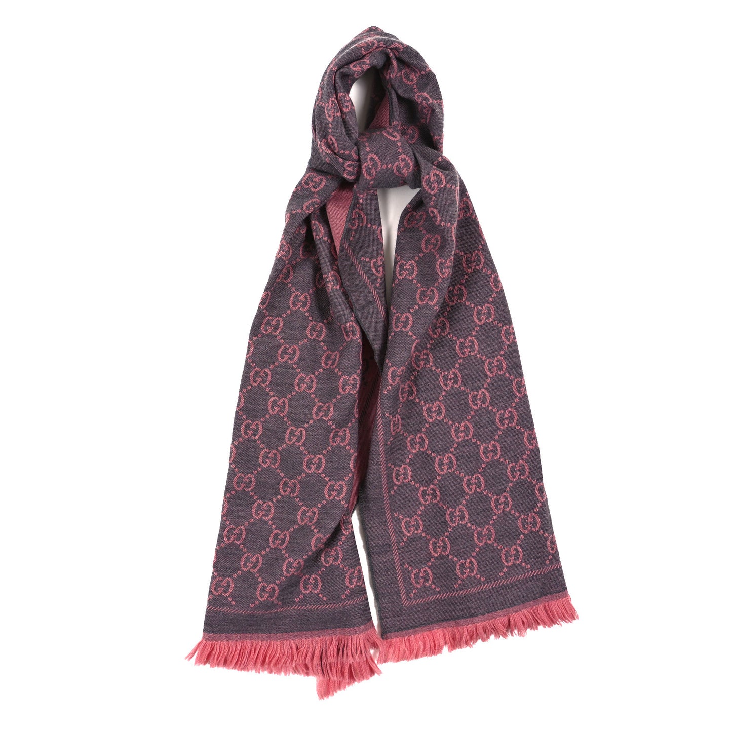 Wool Jacquard GG Monogram Sten Fringe Scarf Graphite Pink