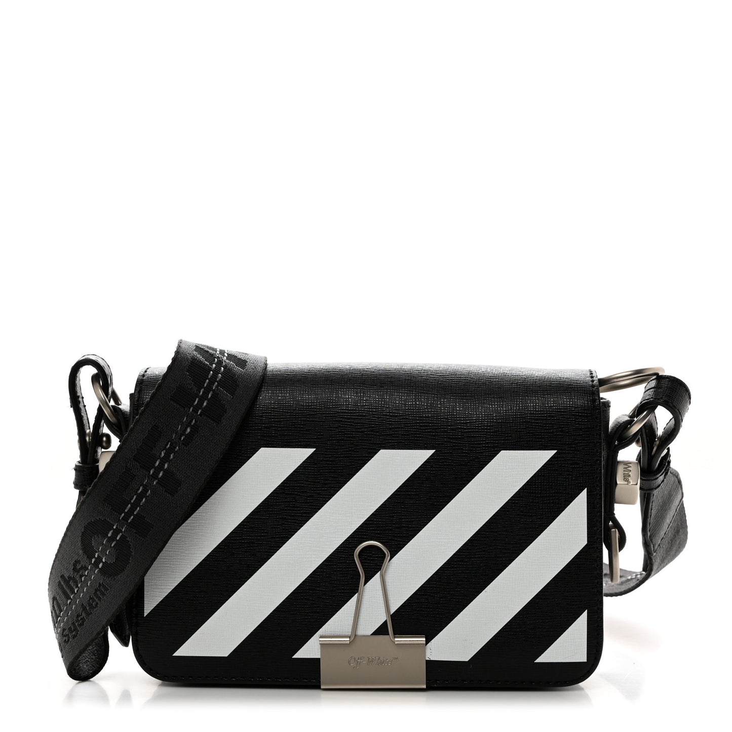 Saffiano Striped Mini Diag Binder Clip Bag Black White