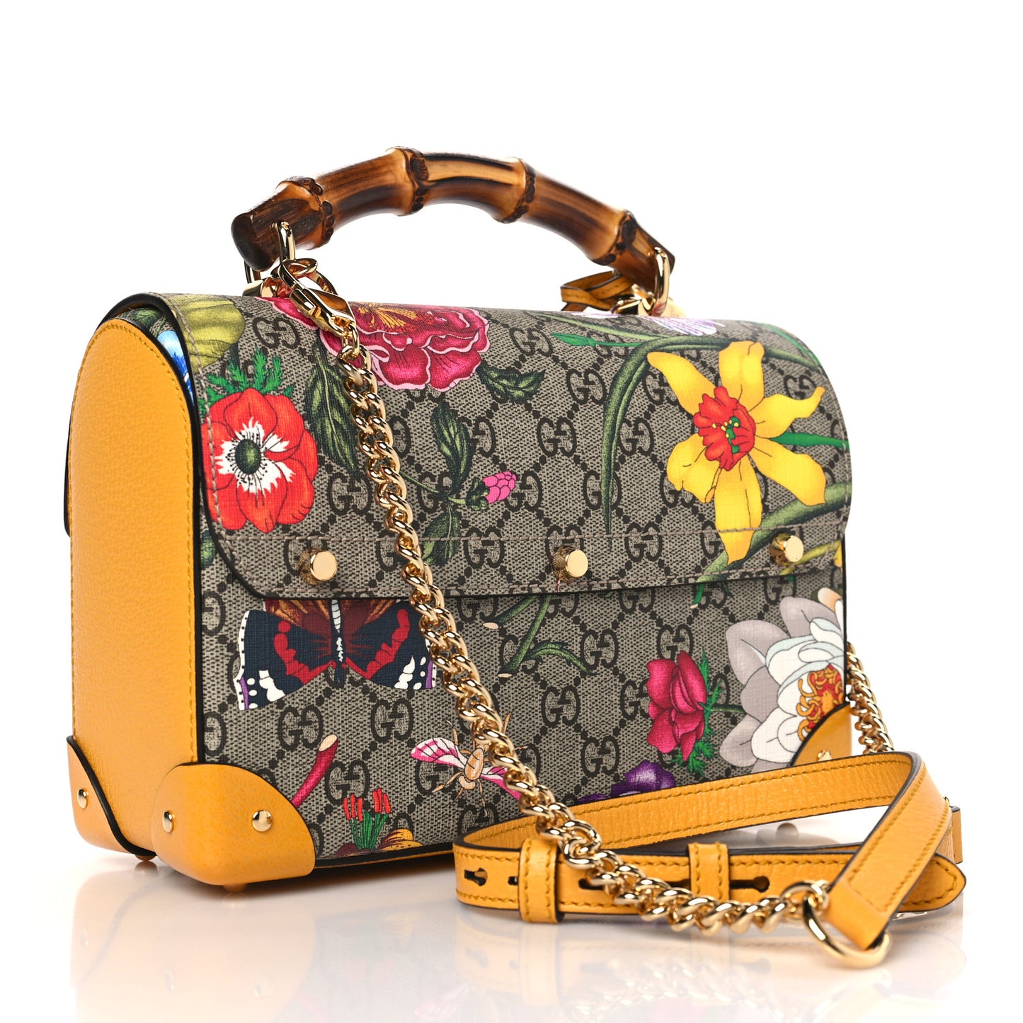 GG Supreme Monogram Flora Small Padlock Bamboo Shoulder Bag Beige Multicolor Crop