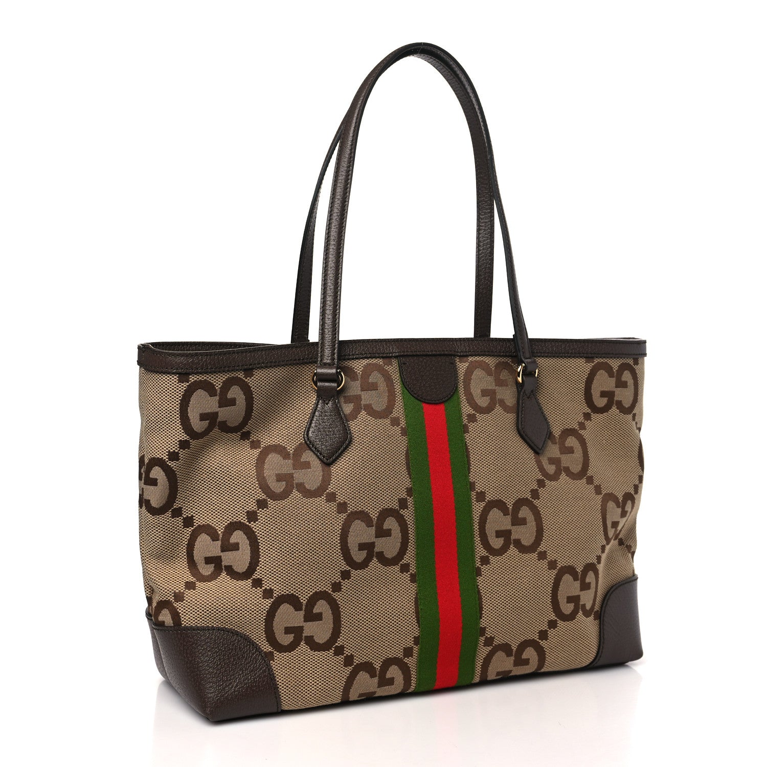 Gucci Monogram Jumbo GG Textured Dollar Calfskin Web Medium Ophidia Shopping Tote Camel Ebony 3 of 10
