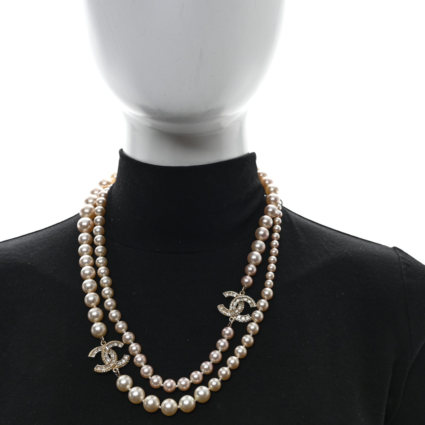 Graduated Pearl Crystal CC Long Necklace White