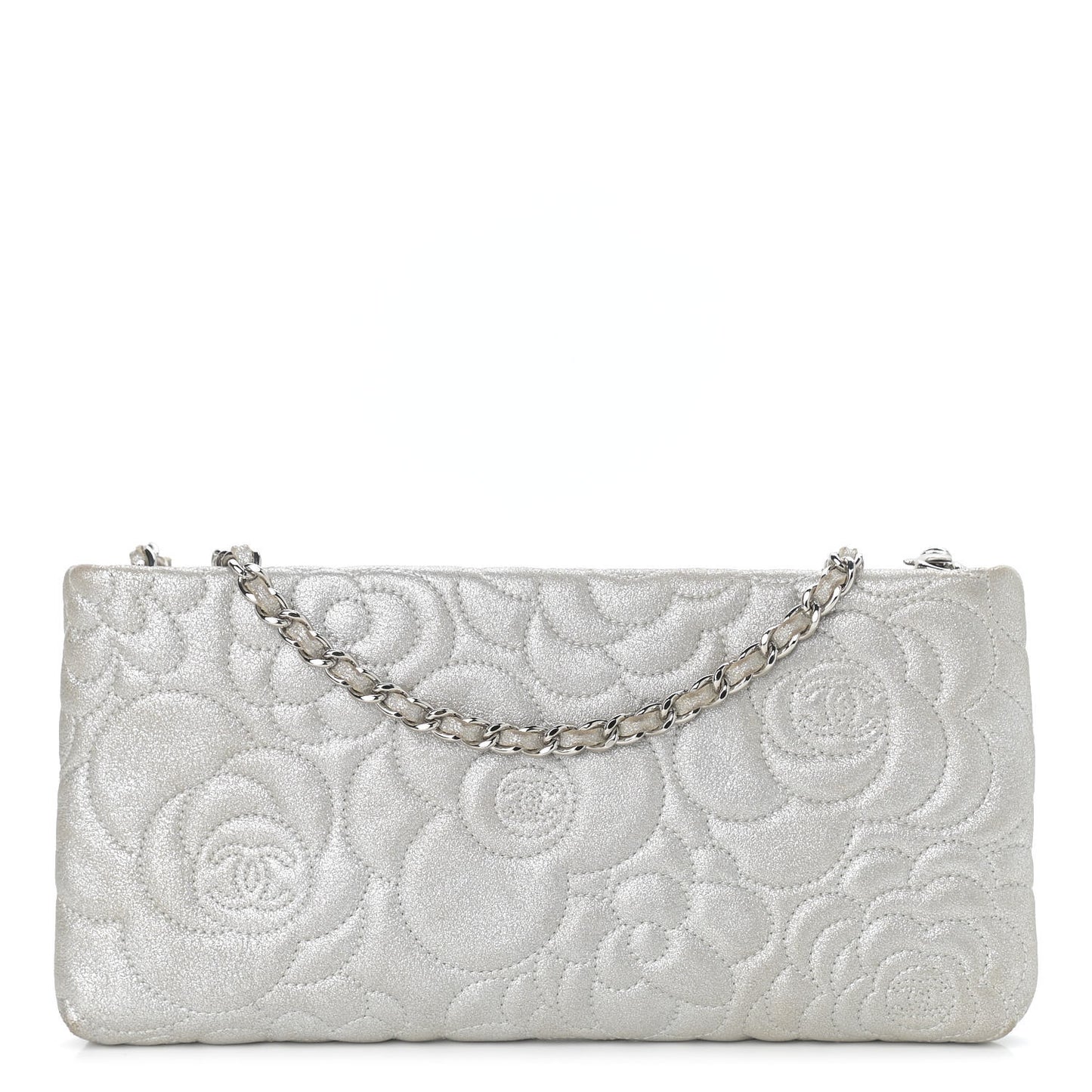 Metallic Lambskin Camellia Chain Pouch Silver