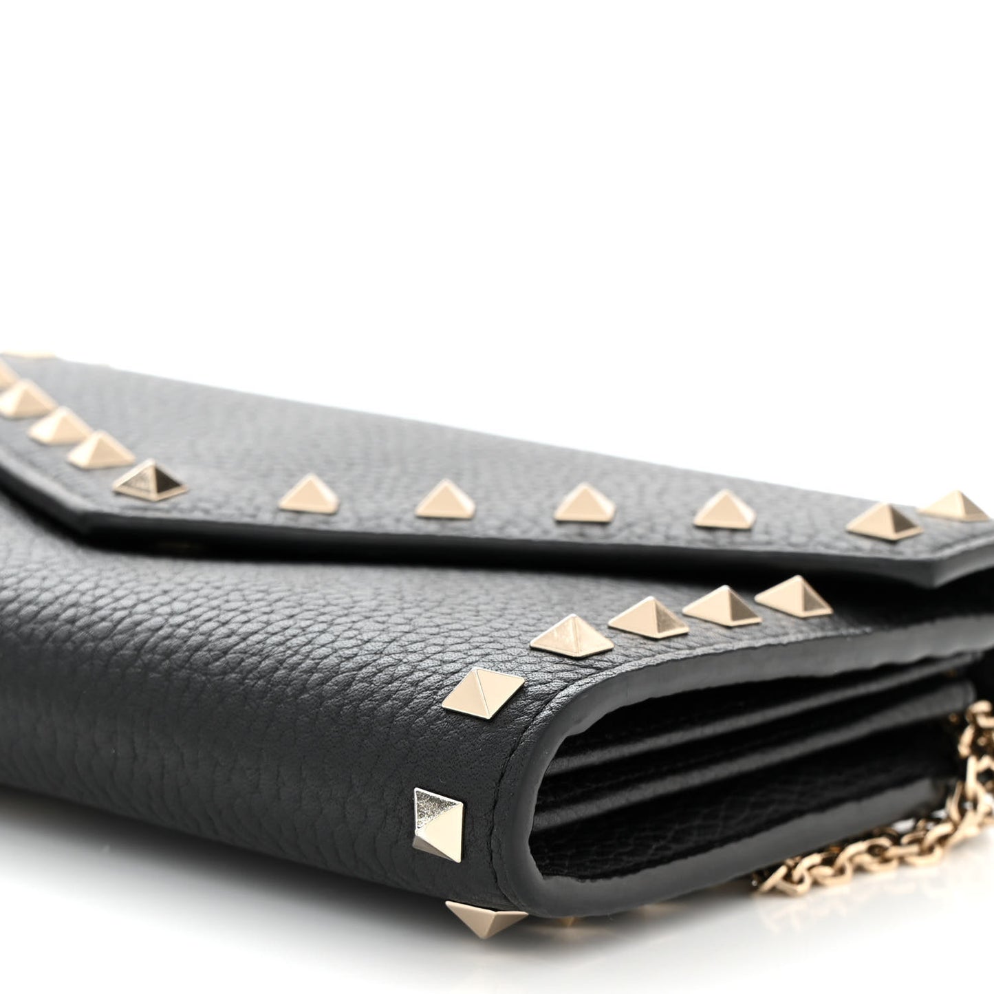 Pebbled Calfskin Rockstud Envelope Wallet on Chain Black