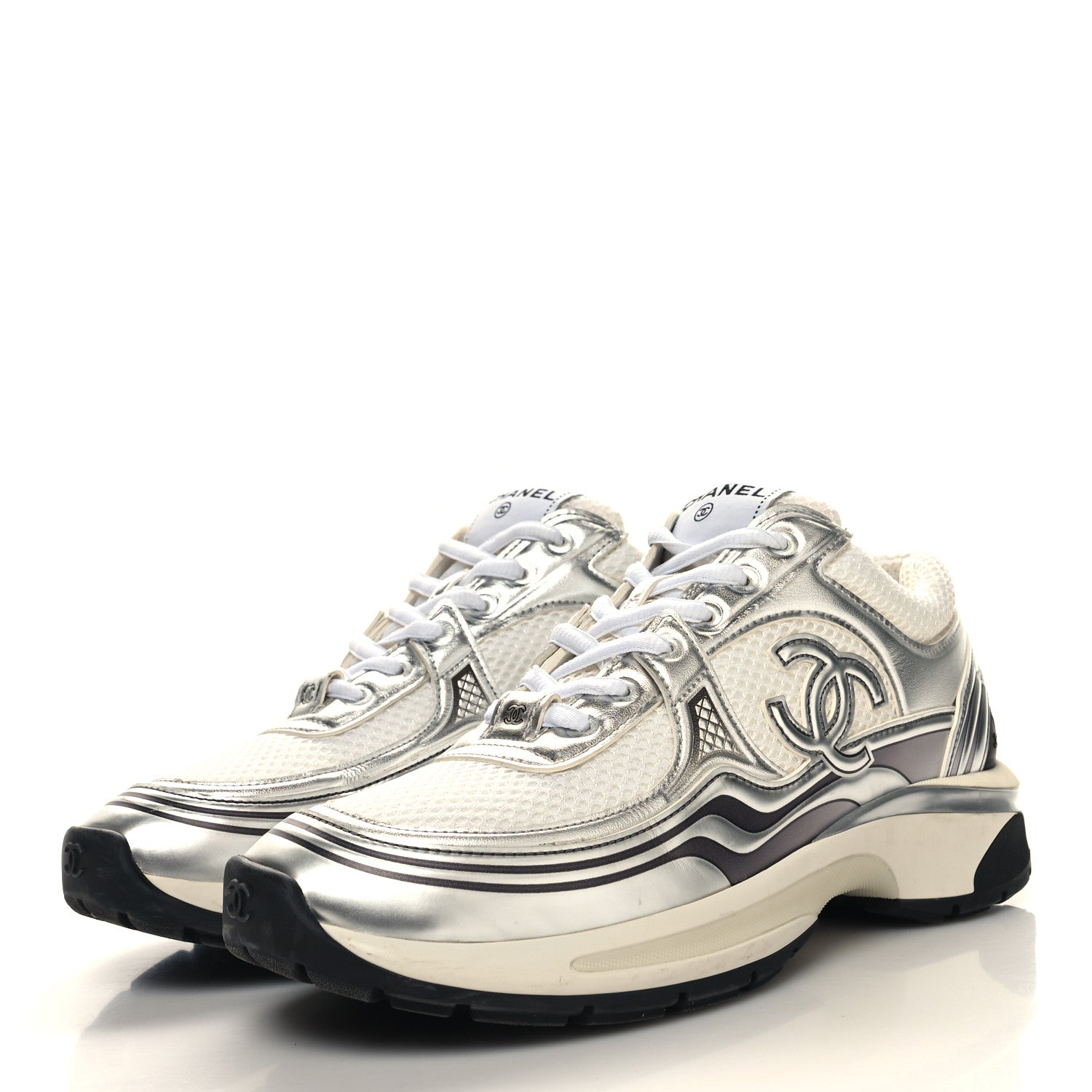 Chanel Fabric Laminated Calfskin Stretch CC Sneakers 38.5 White Silver 3 of 8