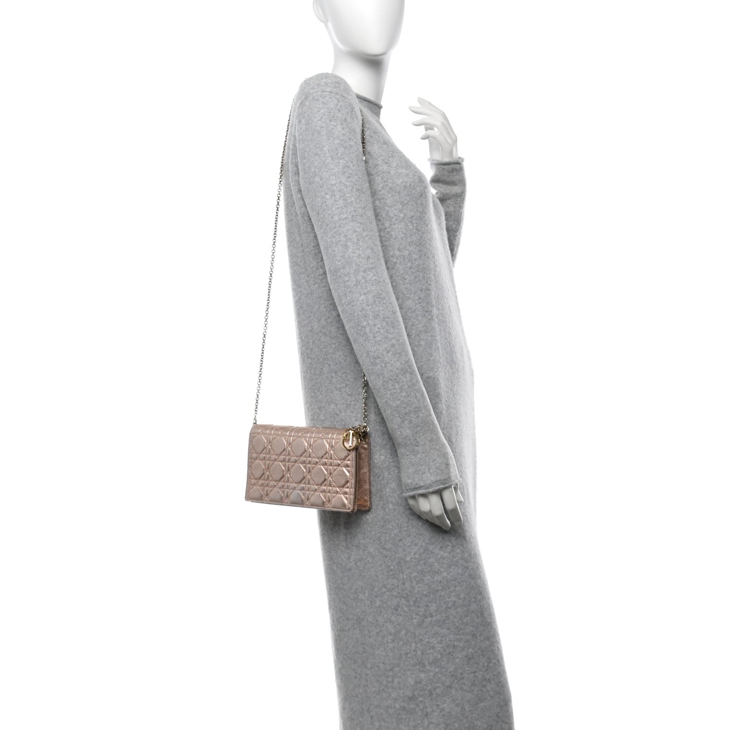 Metallic Lambskin Cannage Lady Dior Pouch Rose Gold