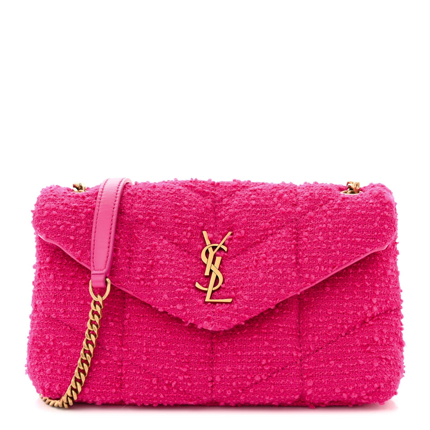 SAINT LAURENT Boucle Tweed Quilted Toy Loulou Puffer Monogram Chain Satchel Magenta