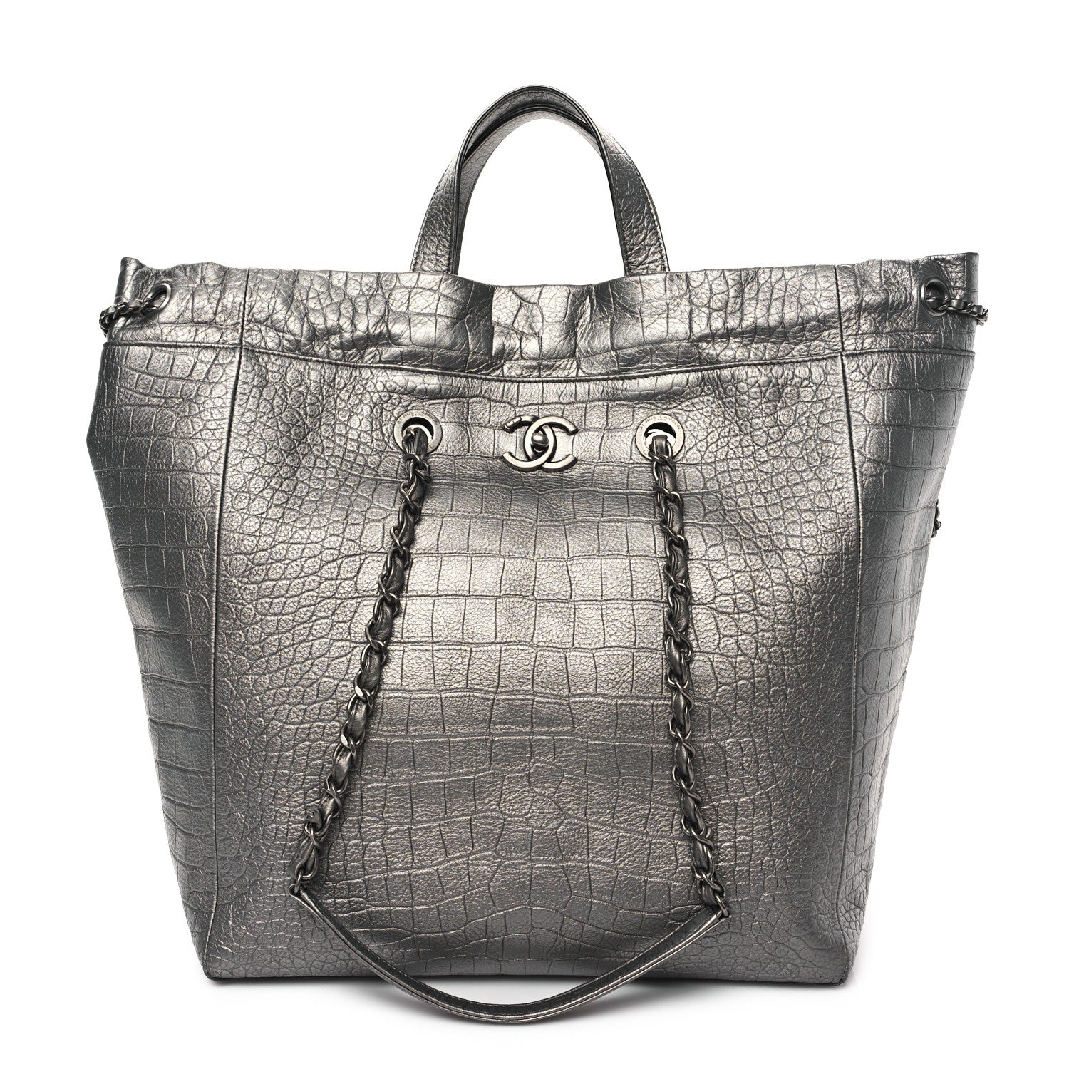 Chanel Calfskin Crocodile Embossed Large Cocodile Shopping Tote Silver 1 of 10