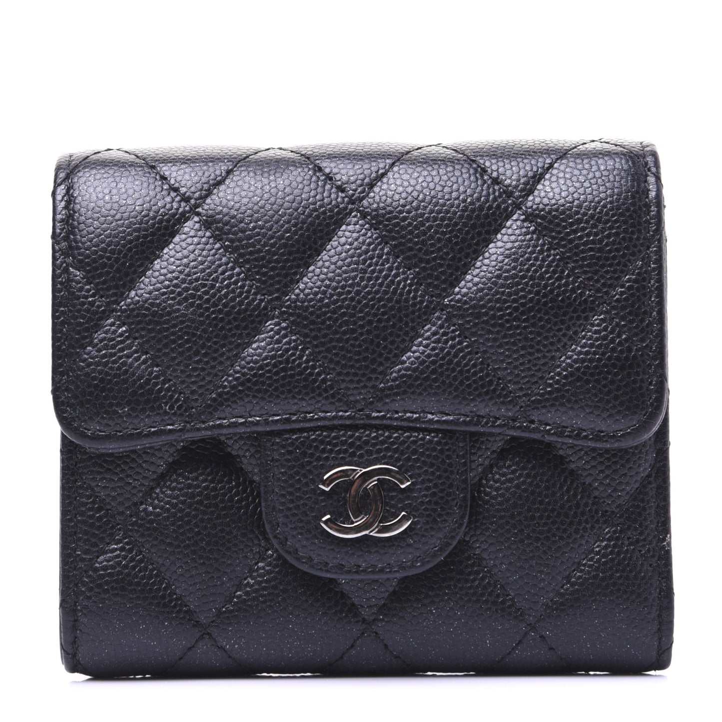 Iridescent Caviar Quilted Compact Flap Wallet Black