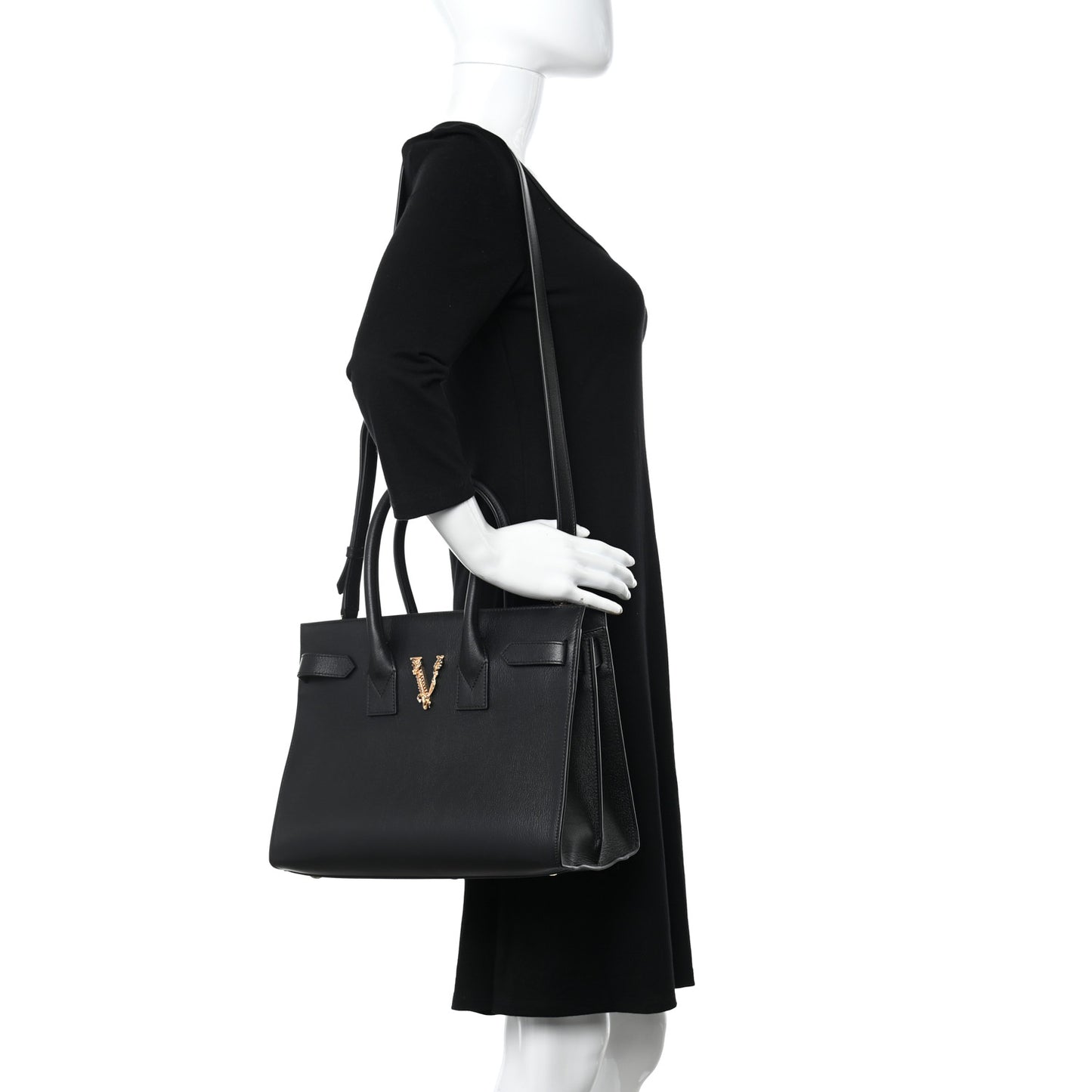 Grained Calfskin Large Virtus Top Handle Shoulder Bag Black
