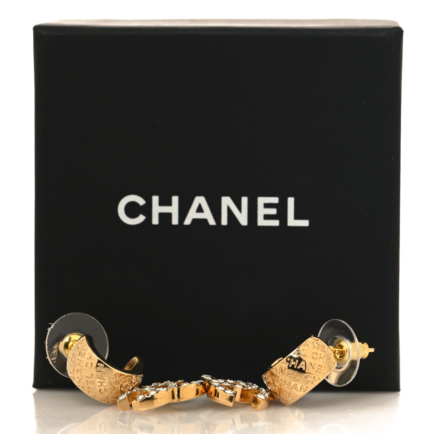 Metal Crystal CC Logo Hoop Drop Earrings Gold