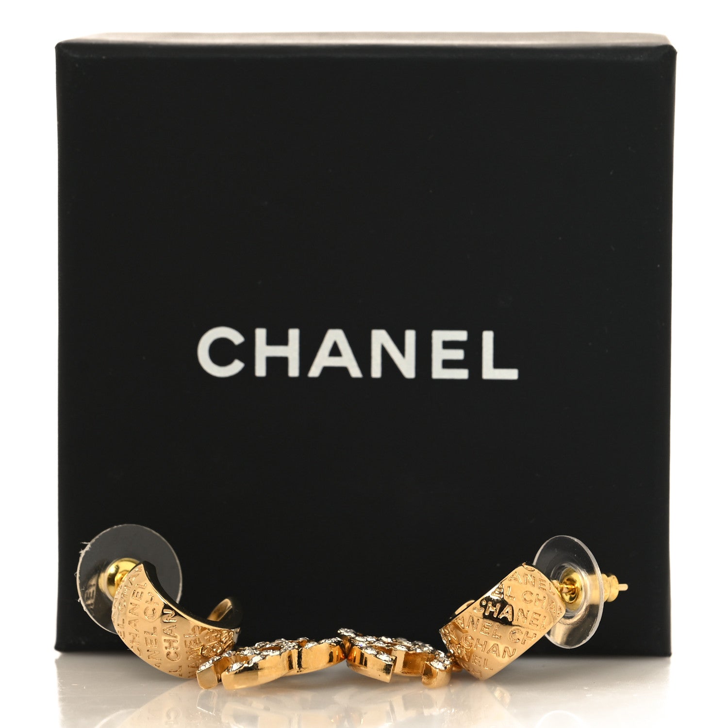 Chanel Metal Crystal CC Logo Hoop Drop Earrings Gold 5 of 5