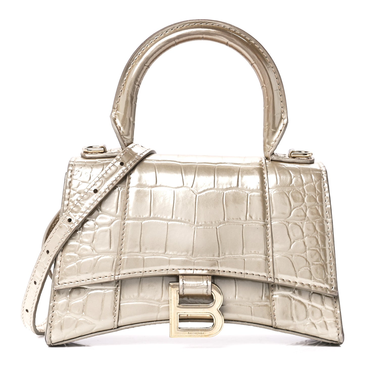 Metallic Shiny Calfskin Crocodile Embossed Hourglass Top Handle Bag XS Light Gold