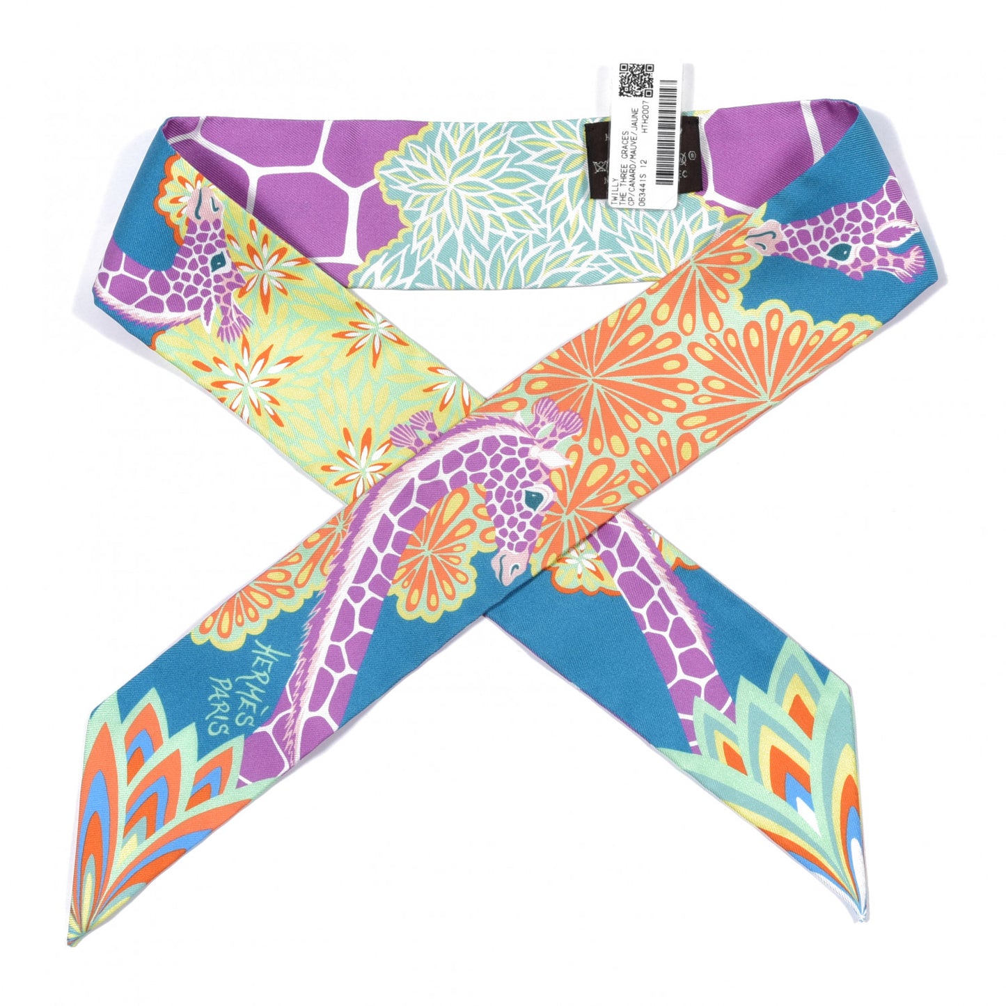 Silk The Three Graces Twilly Canard Mauve Jaune Fluo