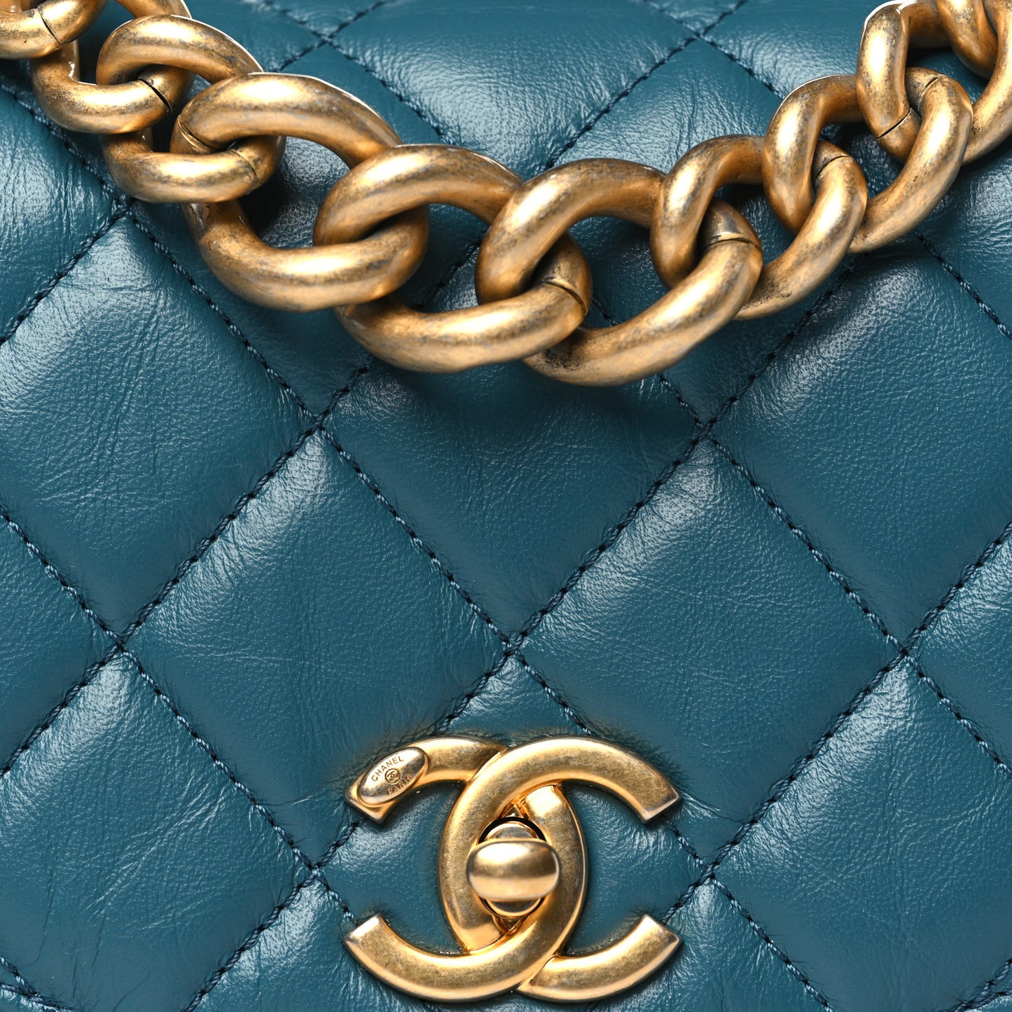 Calfskin Caviar Quilted Mini Chain Handle Flap Dark Turquoise