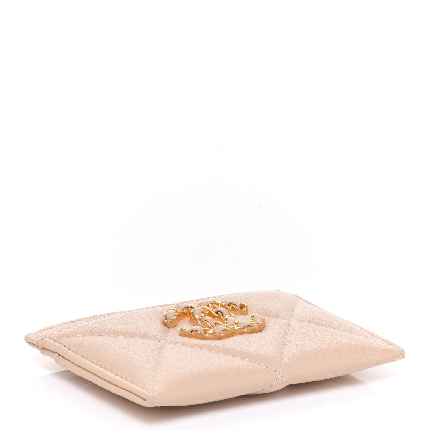 Shiny Goatskin Quilted Chanel 19 Card Holder Beige