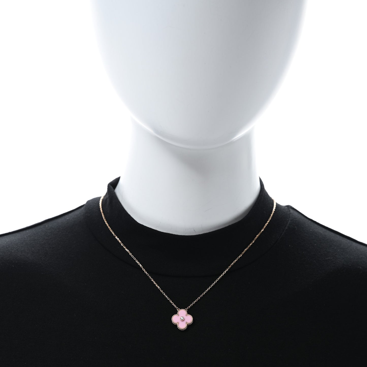 18K Rose Gold Diamond Pink Porcelain Vintage Alhambra Pendant Necklace