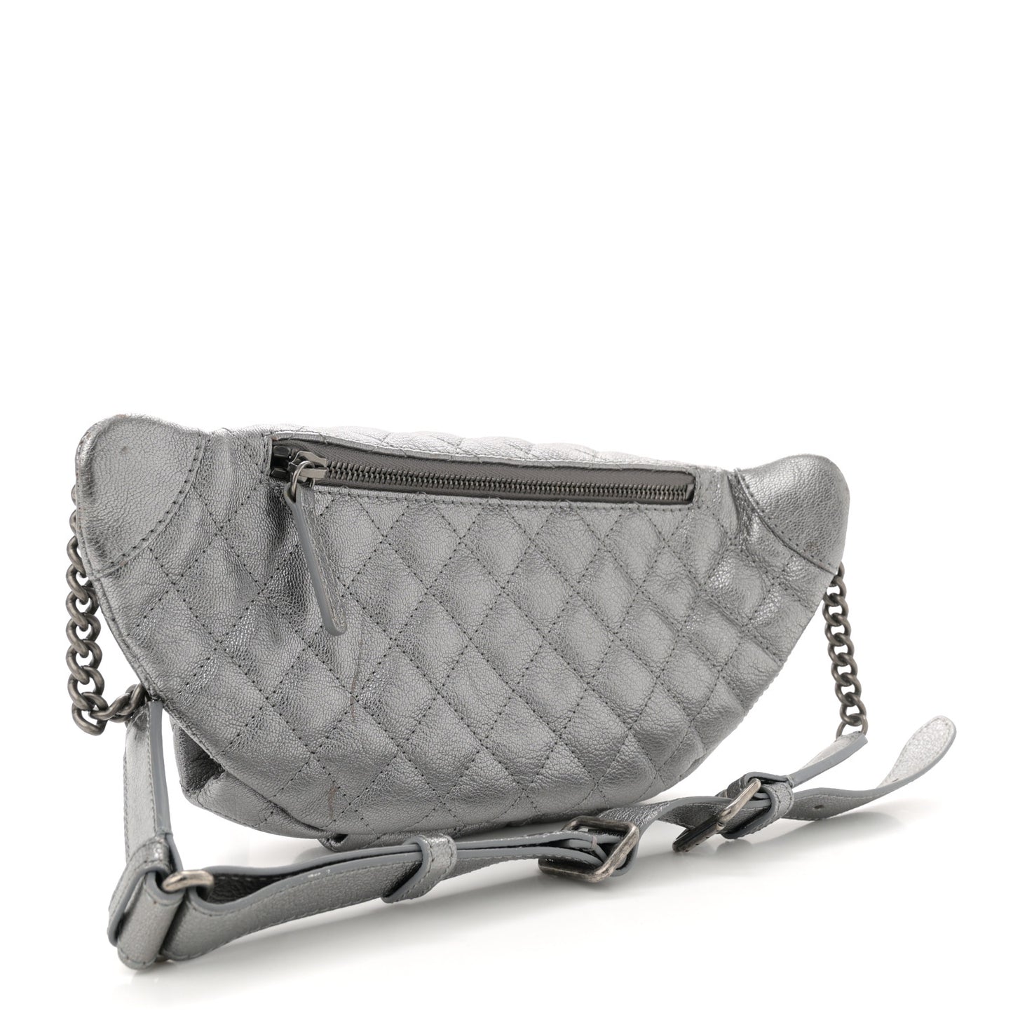Metallic Calfskin Quilted Banane Waist Bag Fanny Pack Dark Silver