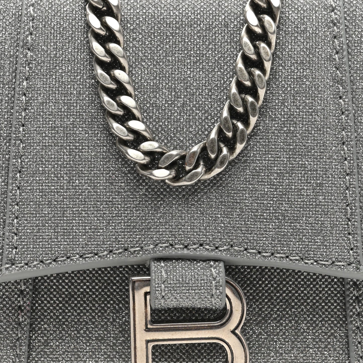 Glitter Fabric Hourglass Top Handle Bag Mini with Chain Grey