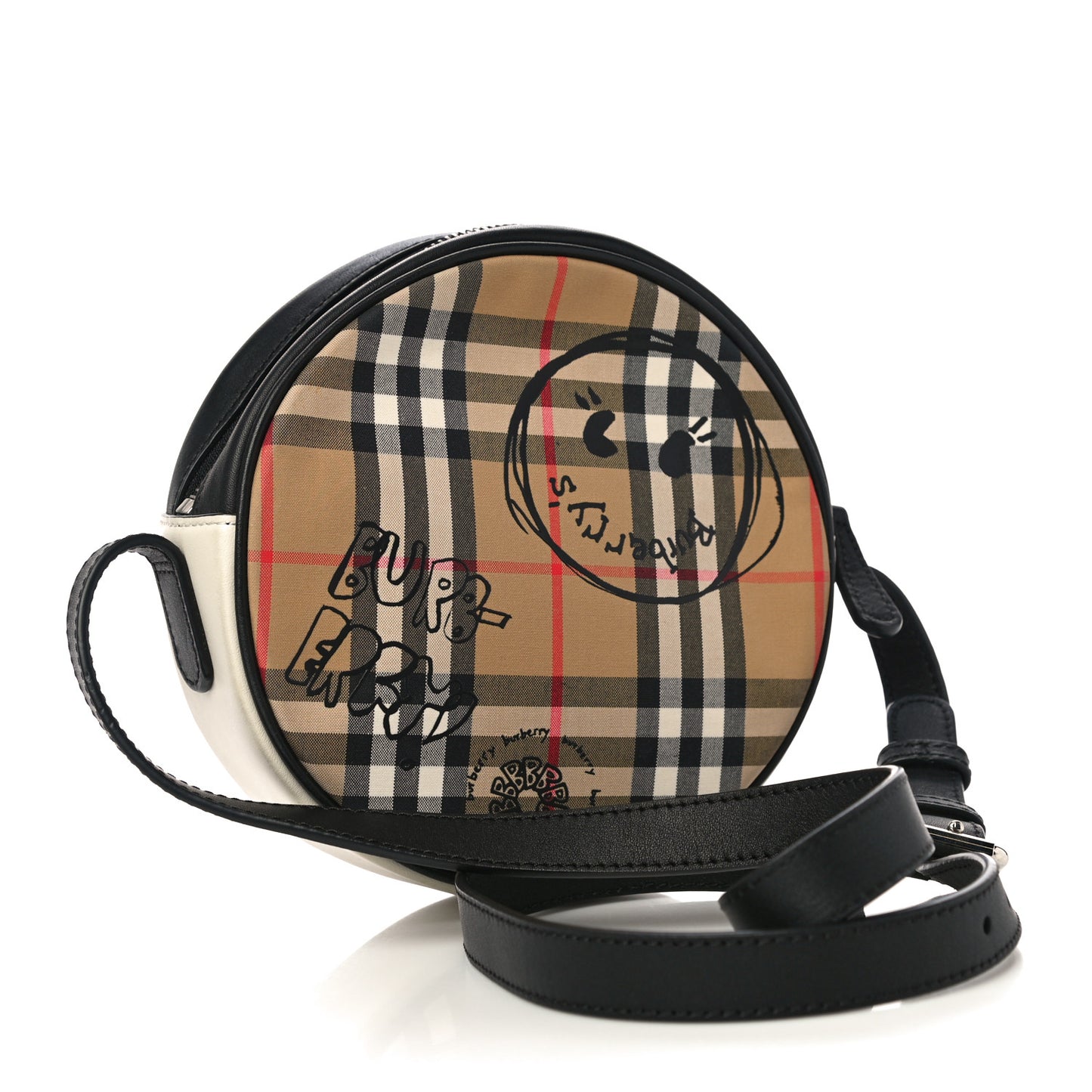 Vintage Check Calfskin Cartoon Print Round Bag Black White