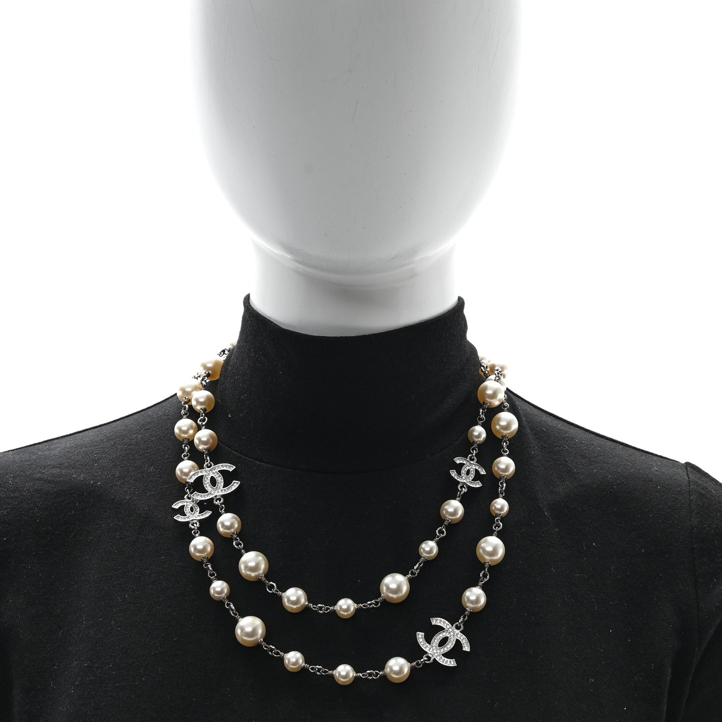 Crystal Pearl CC Long Necklace Silver