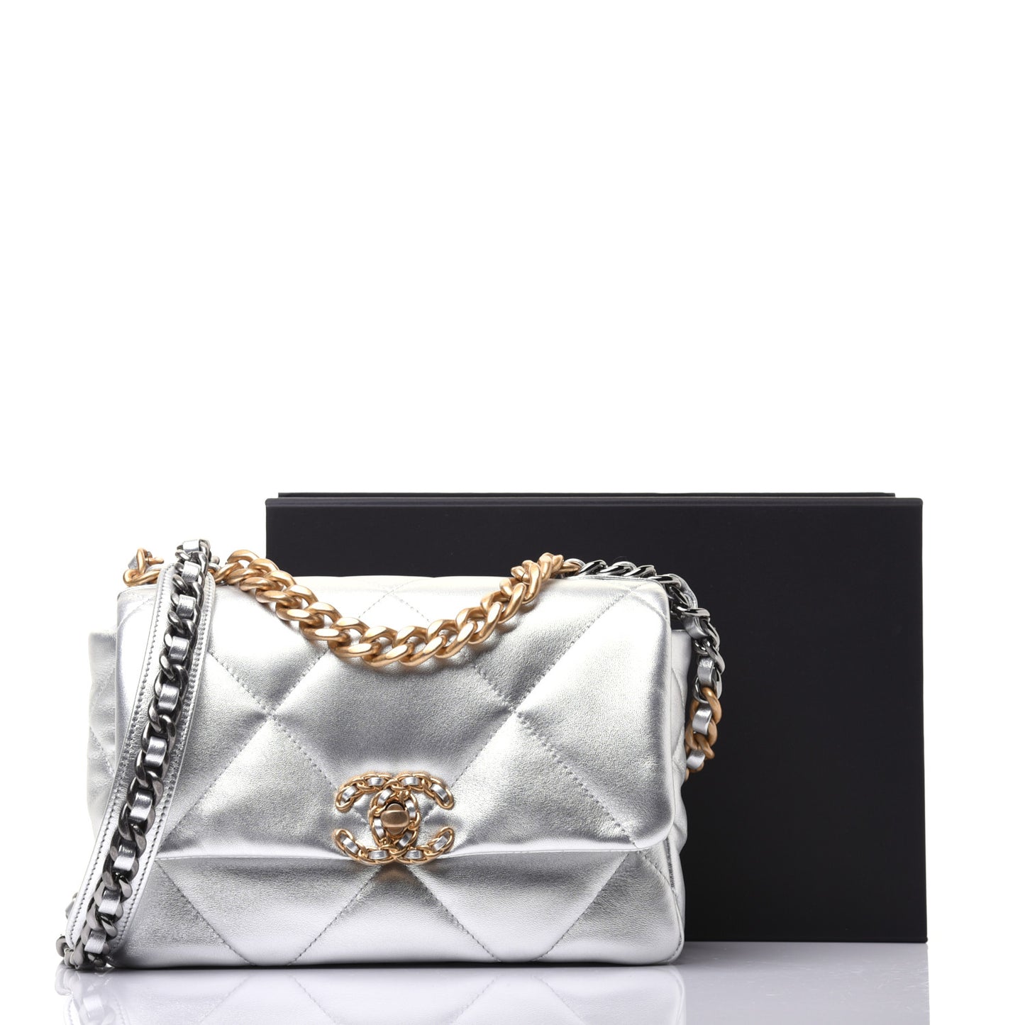 Metallic Lambskin Quilted Medium Chanel 19 Flap Silver