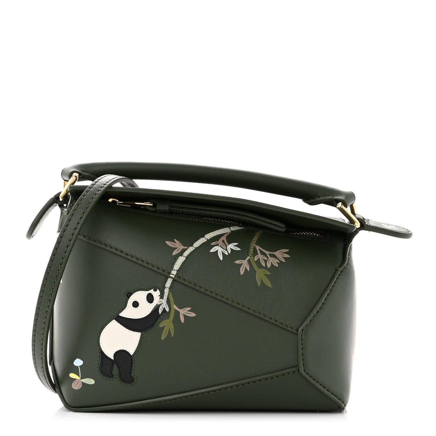 X SUNA FUJITA Satin Calfskin Mini Pandas Puzzle Edge Bag Bottle Green