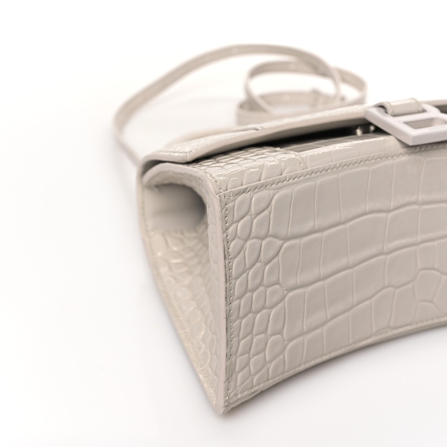 Shiny Calfskin Monochrome Crocodile Embossed Hourglass Top Handle Bag XS Nacre