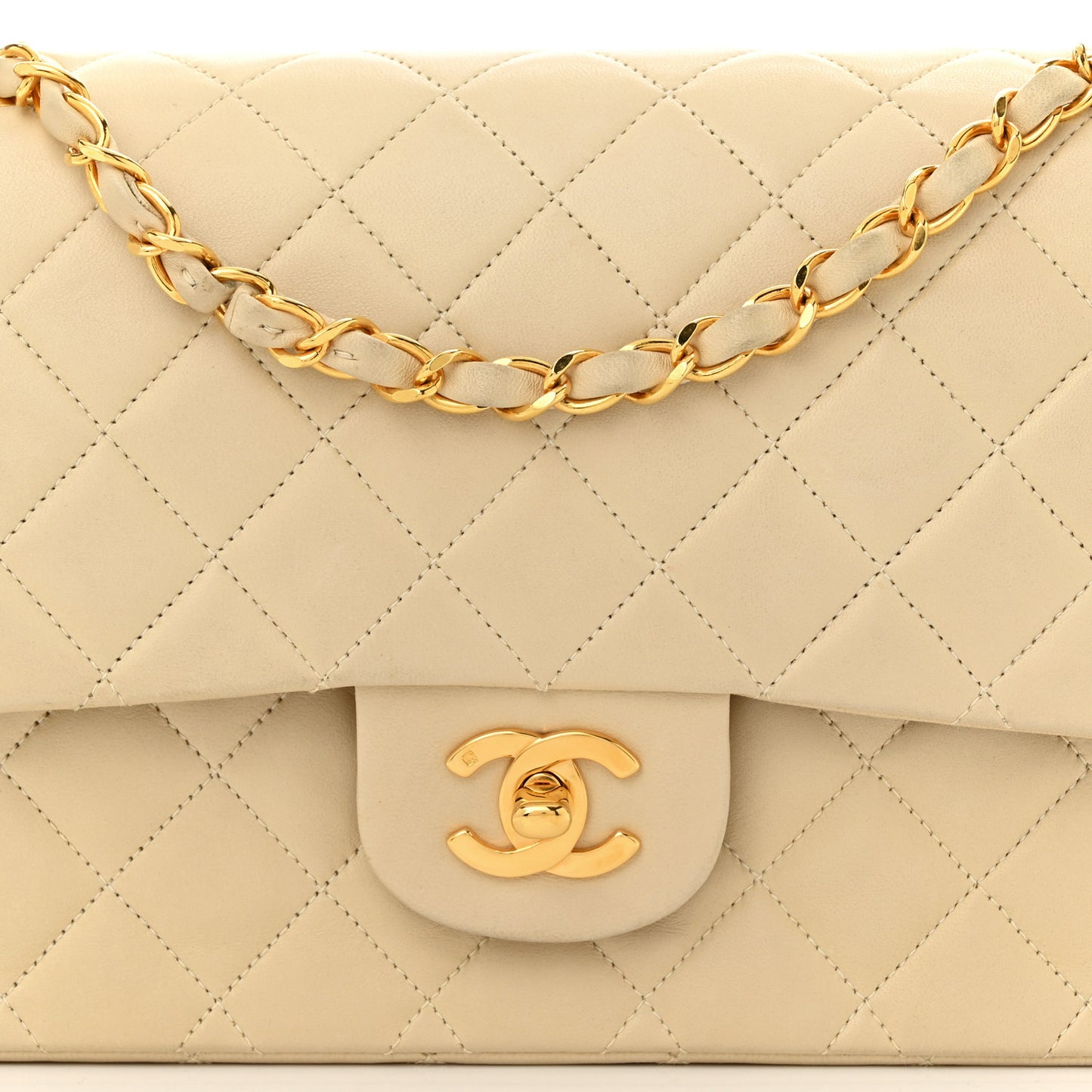 Lambskin Quilted Medium Double Flap Beige