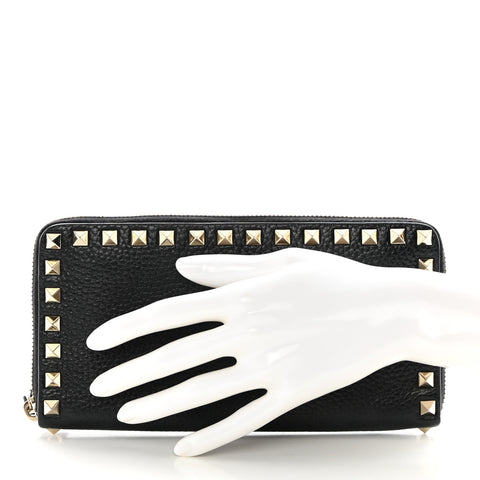 Calfskin Rockstud Zip Around Wallet Black