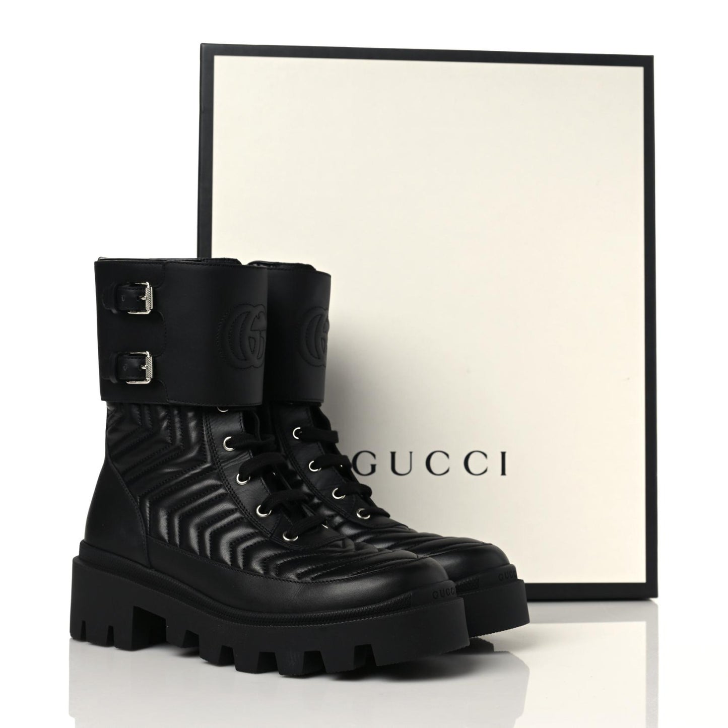 Nappa Frances GG Matelasse Platform Combat Boots 39 Black