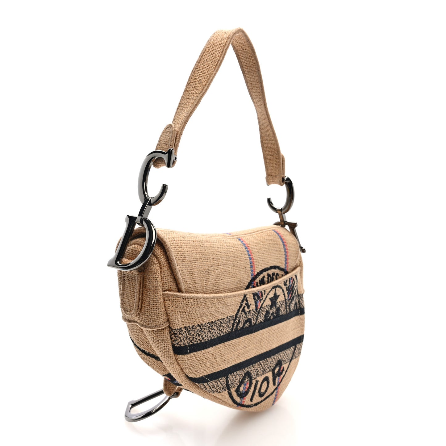 Canvas Jute Embroidered Saddle Bag Black Beige