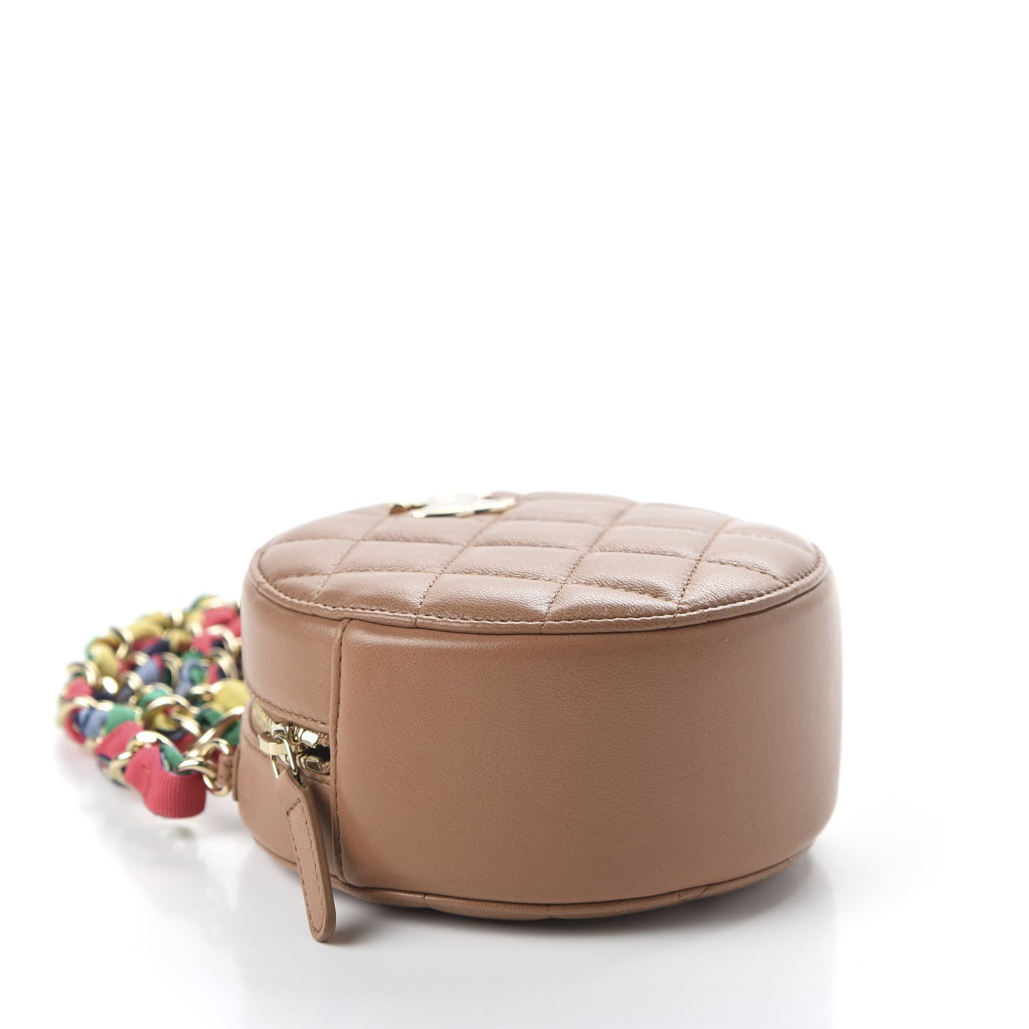 Shiny Lambskin Ribbon Quilted Round Clutch With Chain Brown