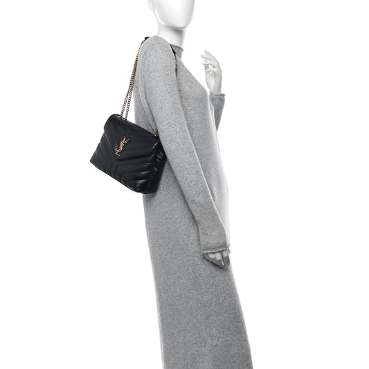 Calfskin Y Quilted Monogram Small Loulou Chain Satchel Black