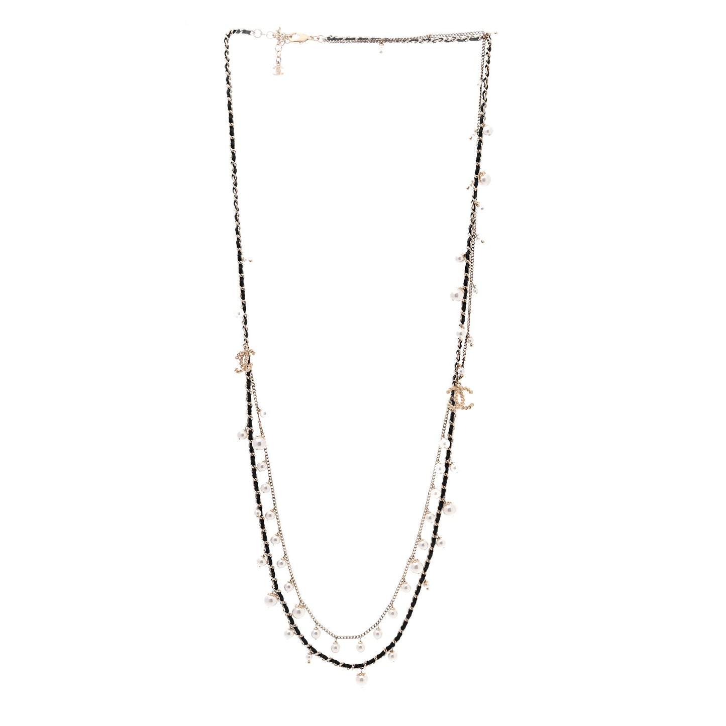 Lambskin Pearl CC Chain Multi Strand Necklace Black Gold